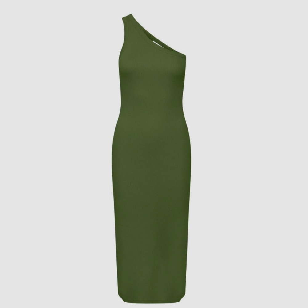 Gestuz DrewGZ One Shoulder Dress Midi Olive Green Ribbed